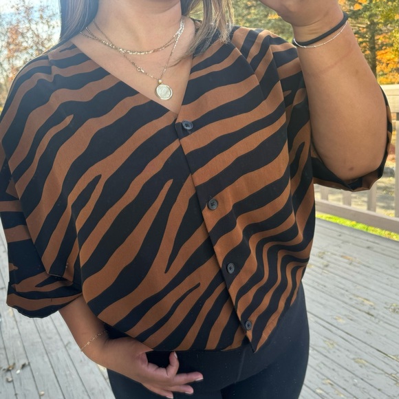 Worthington • Black and Brown Zebra Print Button Down Blouse - Picture 4 of 9